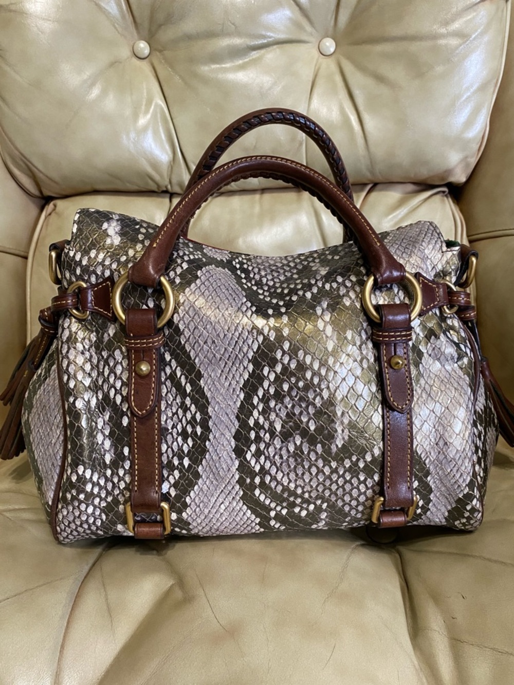 RARE Dooney & Bourke Python Satchel Florentine Gold/Green Leather - Picture 4 of 15
